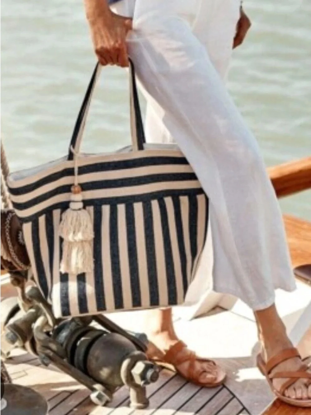 J.Jill Navy & White Striped Woven Tote Bag with Boho Tassel
